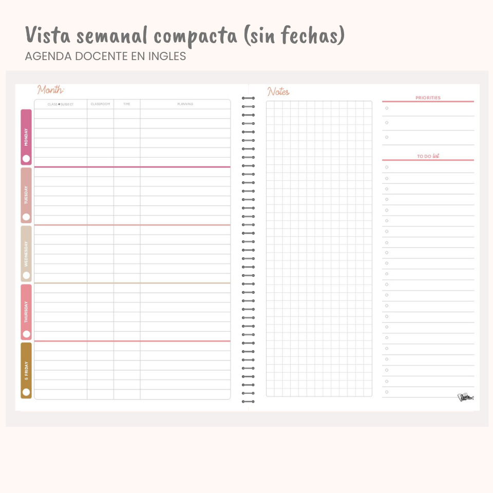 Agenda Docente en Inglés — Sin fechas (Personalizable)