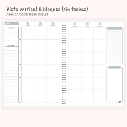Agenda Docente en Inglés — Sin fechas (Personalizable)