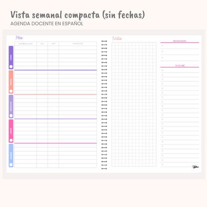Agenda Docente en Español — Sin fechas (Personalizable)